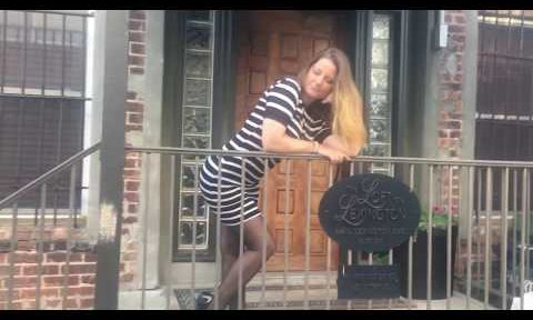 Once again here is Harley ❤ in Asheville wearing sheer black pantyhose with a striped gown
