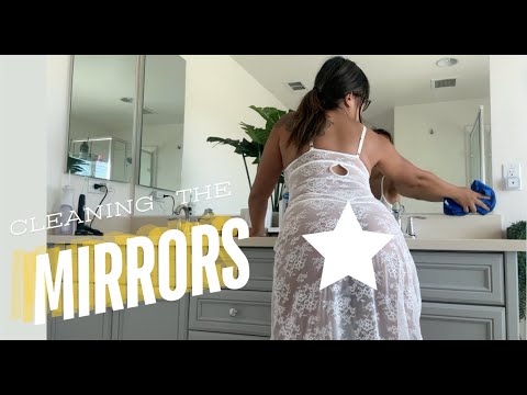 CLEAN MY BATHROOM MIRRORS WITH ME IN TRANSPARENT WHITE LINGERIE